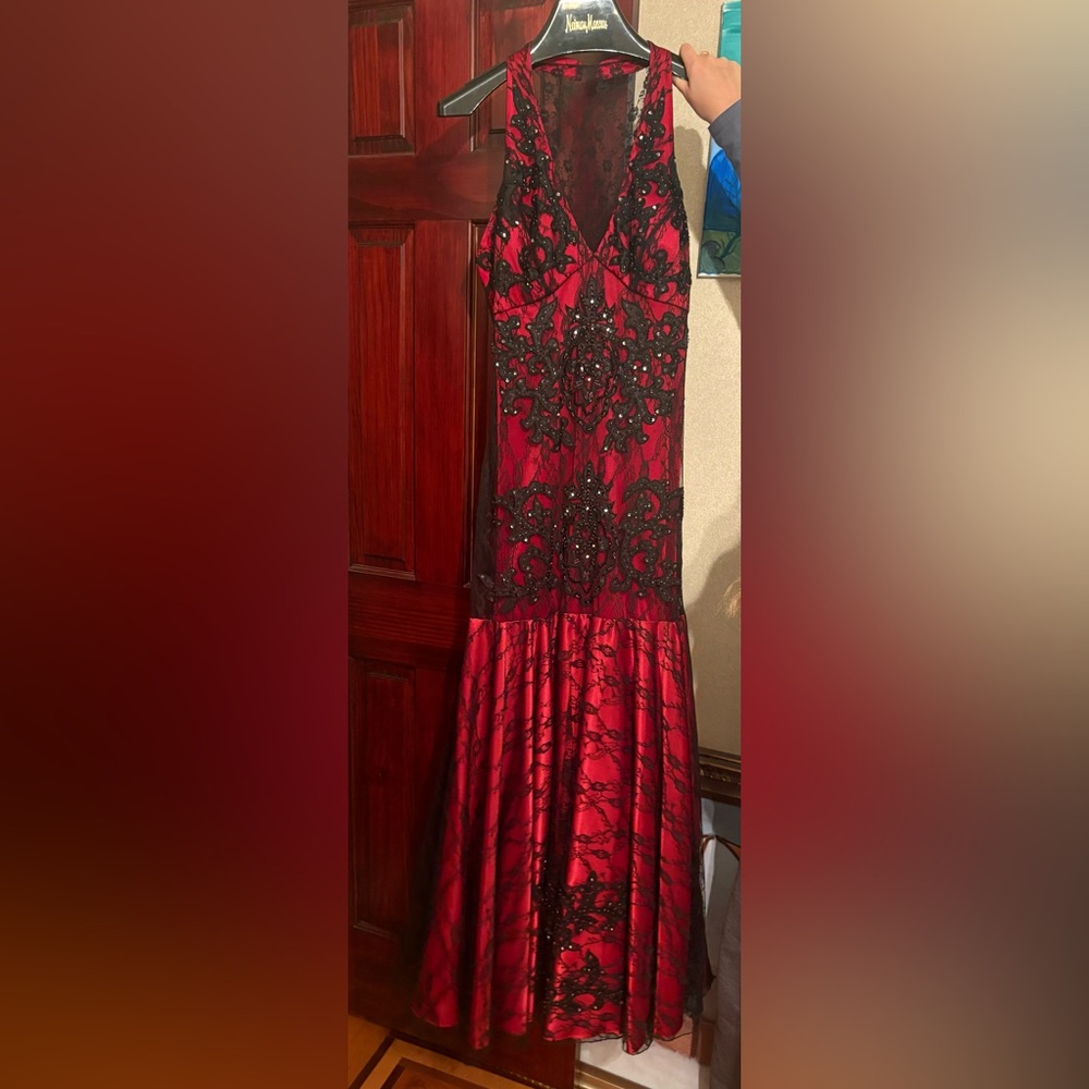 Sue Wong Vibrant Red Dress with Black Accents